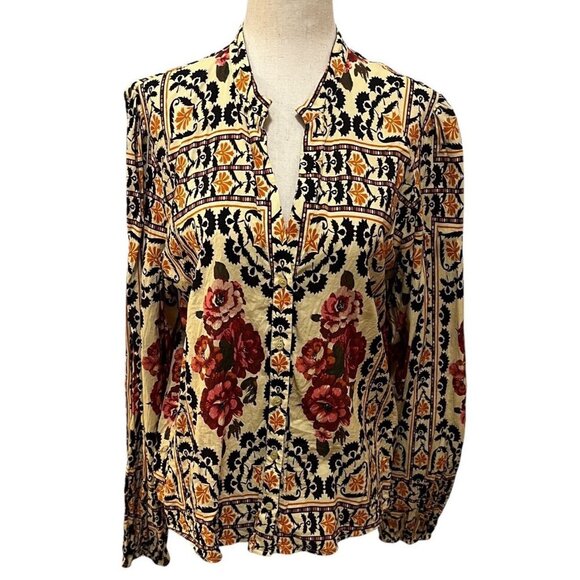 A Loves A Womens Floral Pattern Button Down Long Sleeve Blouse XL Cotton Rayon - Picture 1 of 12
